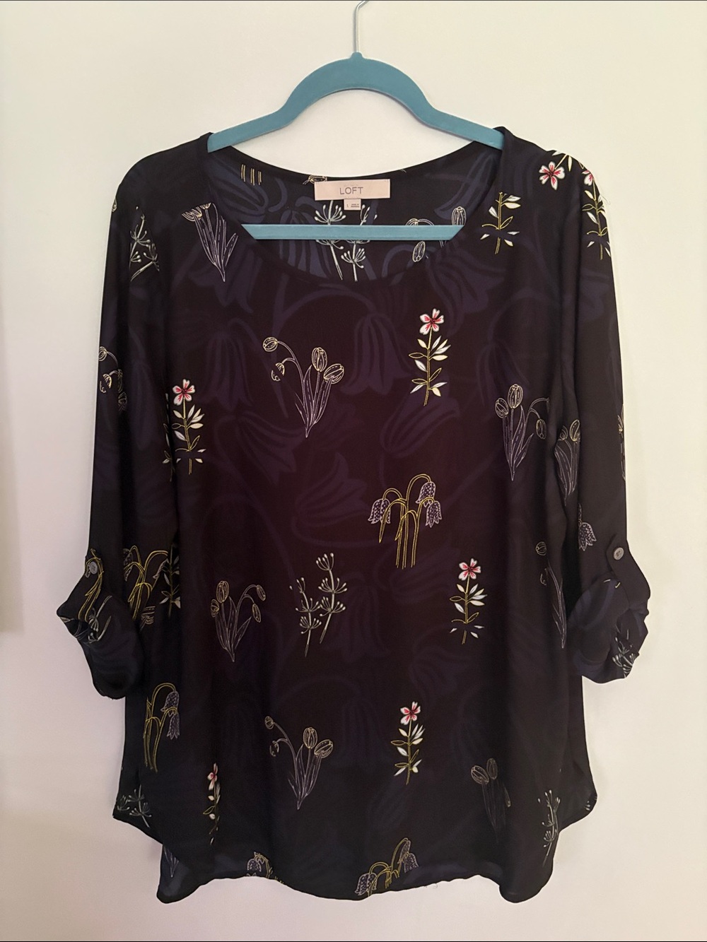 LOFT Navy Floral Print Roll-Tab Blouse